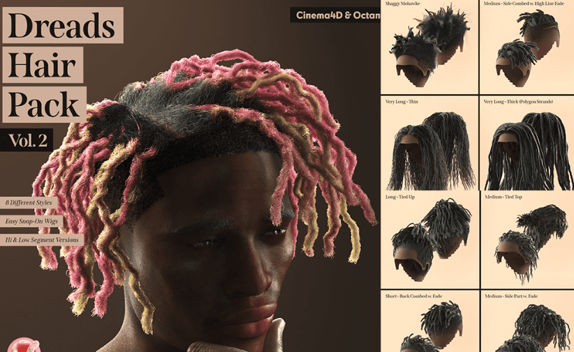 8款真实质感黑人脏辫说唱嘻哈人物发型C4D模型套装Dreads Hair Pack for Cinema4d-爱资源