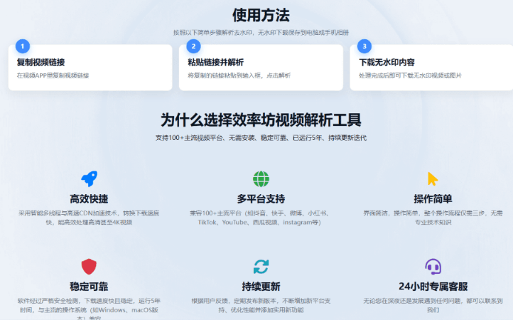 效率坊解析工具！主流视频平台一键解析下载，支持B站、抖音、YouTube、小红书、tiktok等平台，免费在线用