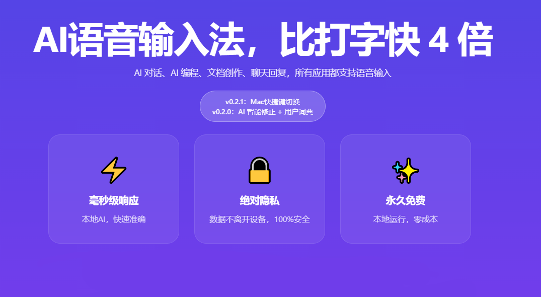 “不到1s，说完即出字” 零延迟 AI 语音输入法！永久免费，零成本，本地运行，惊艳级输入法软件 代体