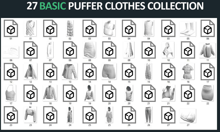 27件时尚女性羽绒棉服大衣夹克帽子等服装3d模型合集，多款格式含贴图