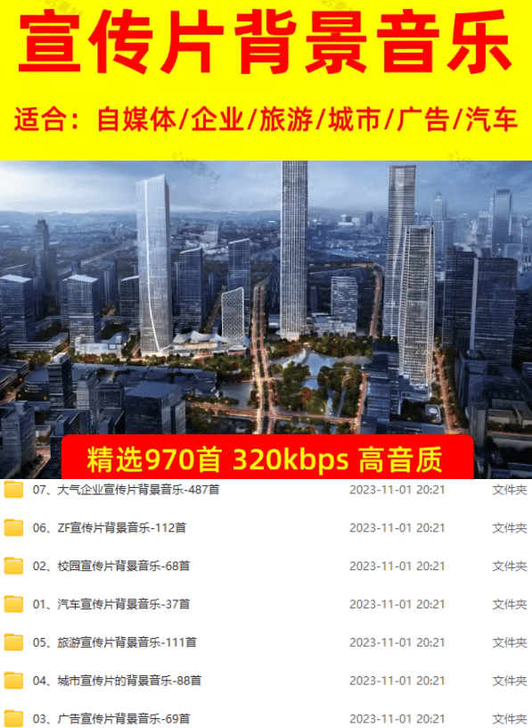 某宝付费购买，常用6G音效合集！970+首宣传片背景音乐，无版权可商用大气素材，分类清晰，高质量内容