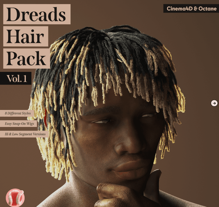 8种不同样式发型长发卷发造型，杀马特卷发发型3D模型 Dreads Hair Pack(Vol 2)-爱资源