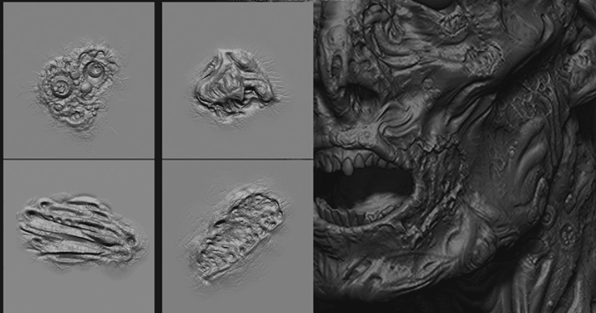 20组腐烂僵尸皮肤纹理雕刻Zbrush笔刷合集，包含腐烂僵尸皮肤纹理笔刷