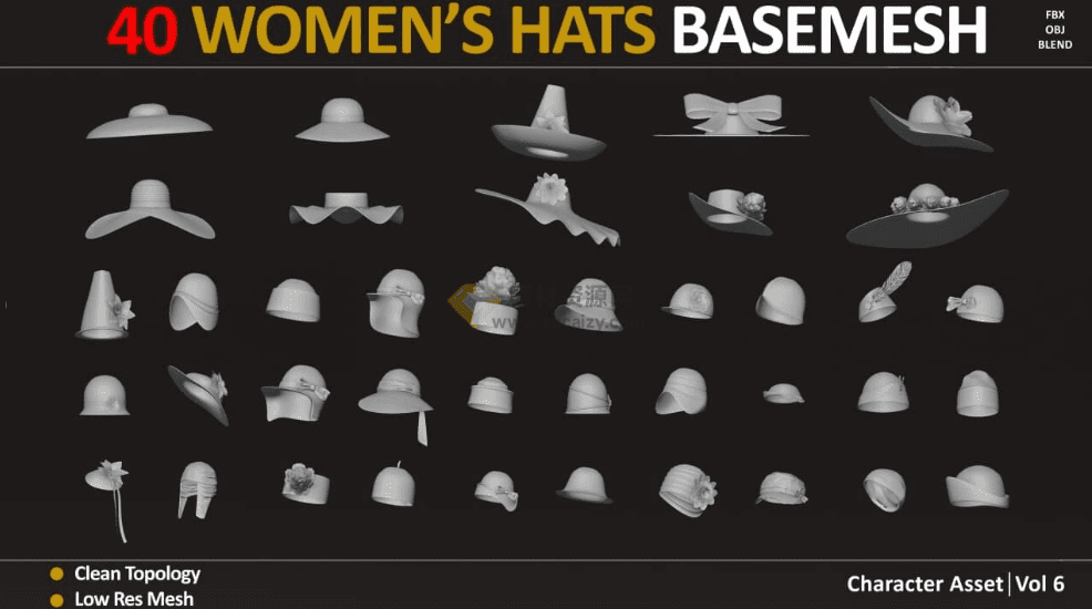 Blender女性帽子头饰3D模型，优雅女士时尚帽子模型素材，建模素材