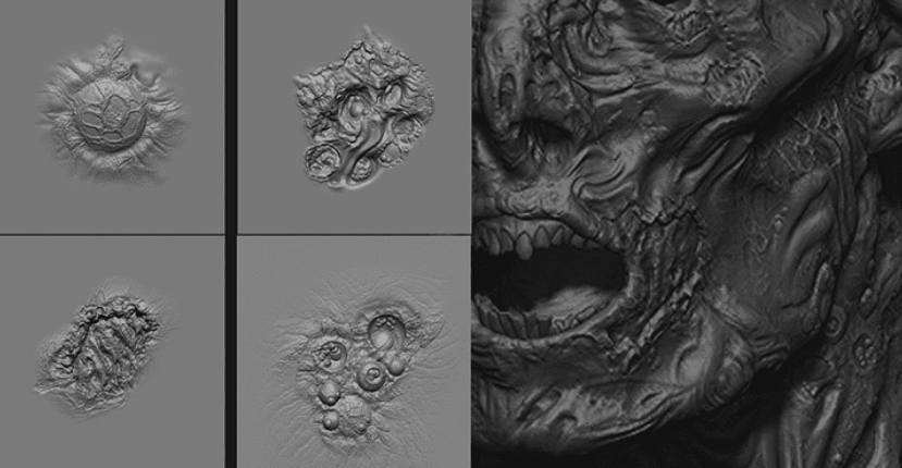 20组腐烂僵尸皮肤纹理雕刻Zbrush笔刷合集，包含腐烂僵尸皮肤纹理笔刷