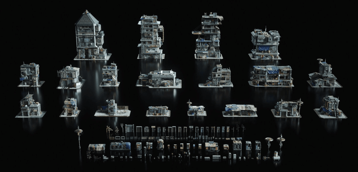 末世贫民区破旧楼房建筑街道公共设施3D模型 KitBash3D – Future Slums 2 （FBX/Unreal格式）