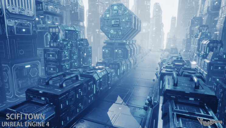 未来机器科幻城镇模块化环境场景UE游戏素材，场景模型Unreal资产素材