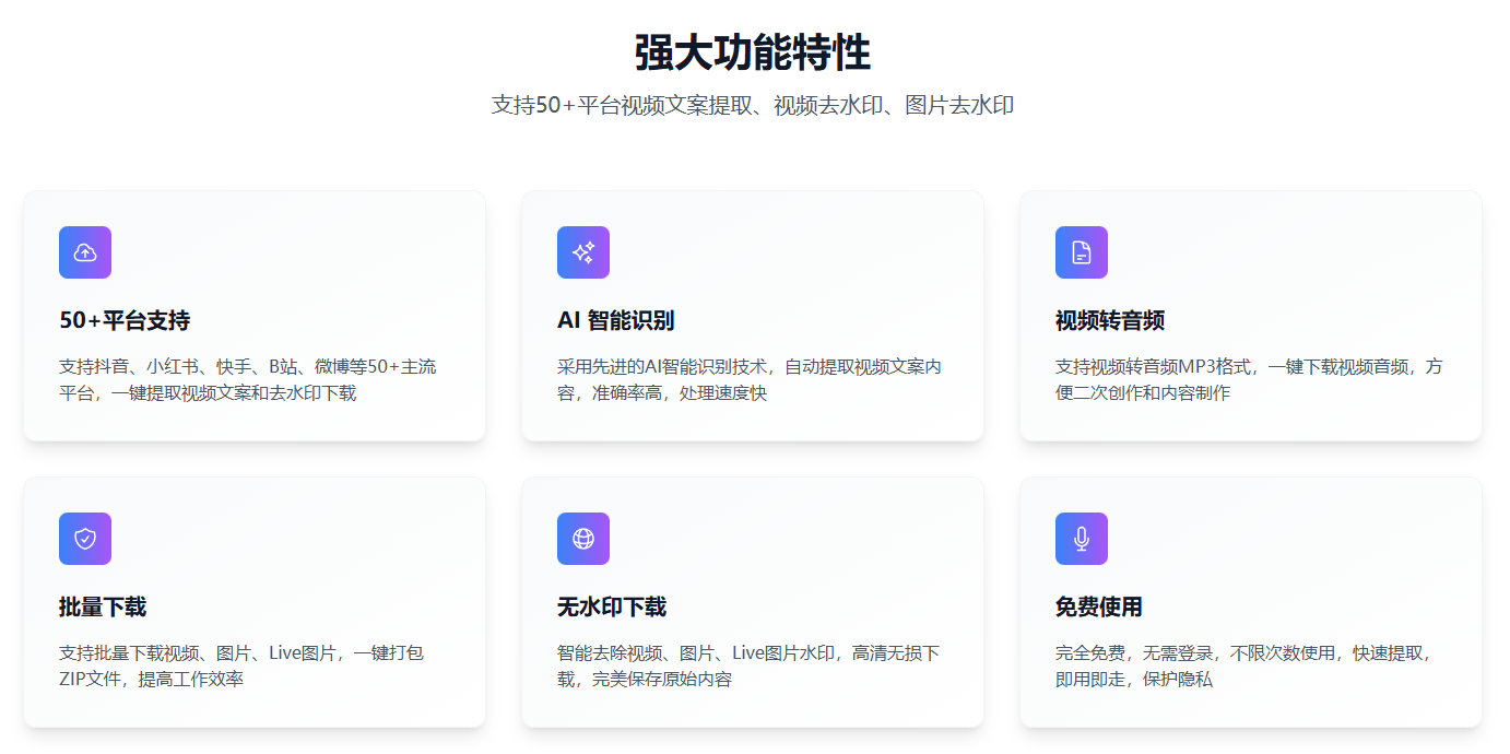 支持抖音、小红书、快手、B站、微博等50+主流平台，一键提取视频文案和去水印下载，免费使用 Anytocopy
