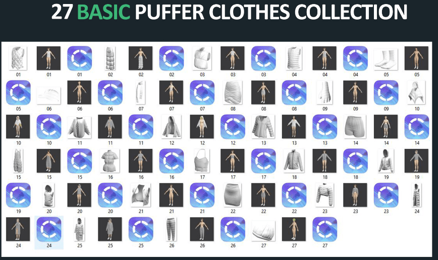 27件时尚女性羽绒棉服大衣夹克帽子等服装3d模型合集，多款格式含贴图