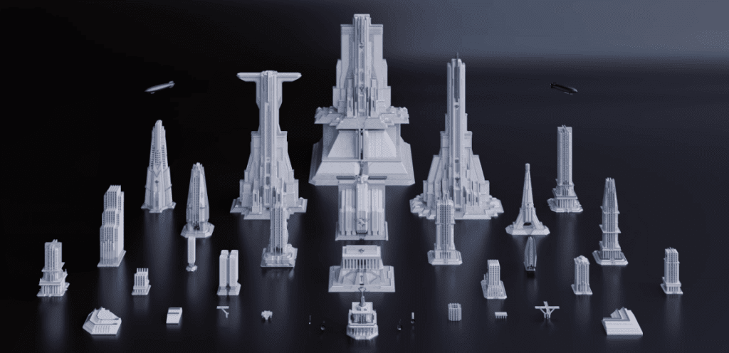 逼真的帝国城市建筑和3D资产，未来帝国城市模型建筑