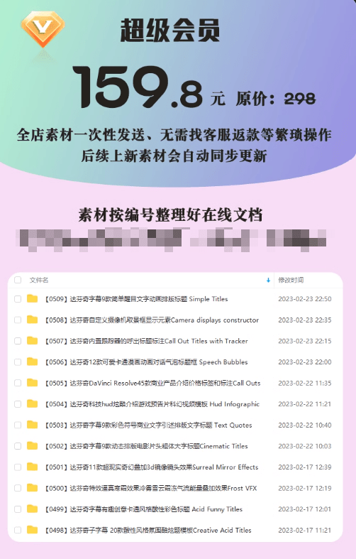 某宝售价159元的达芬奇全店素材合集！全套素材打包，含滤镜、特效、插件等，剪辑必备超值得收藏内容