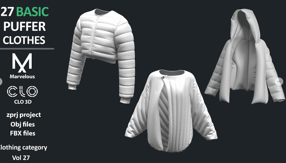 27件时尚女性羽绒棉服大衣夹克帽子等服装3d模型合集，多款格式含贴图