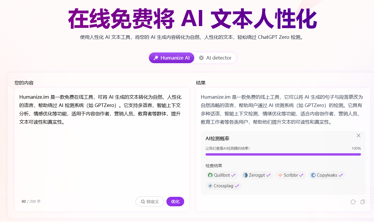 让Ai文本更加拟人化！躲避Ai检测，避免文本生硬；Ai文本润色工具，免登录免费使用！Humanize 网站
