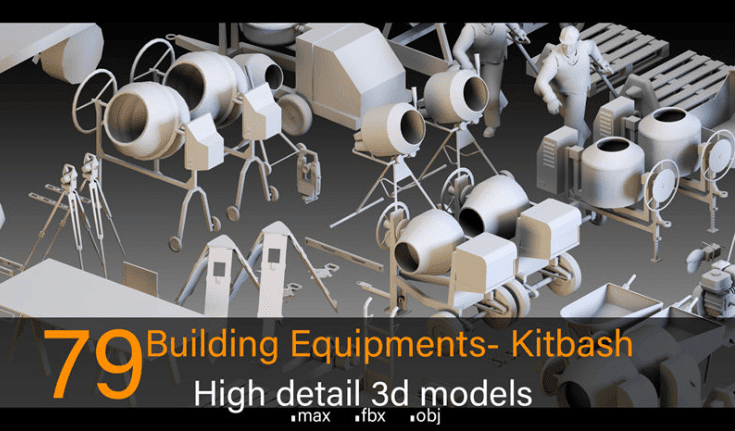 79款高细节建筑工地设备3D模型，FBX、OBJ、MAX格式基础白模-爱资源
