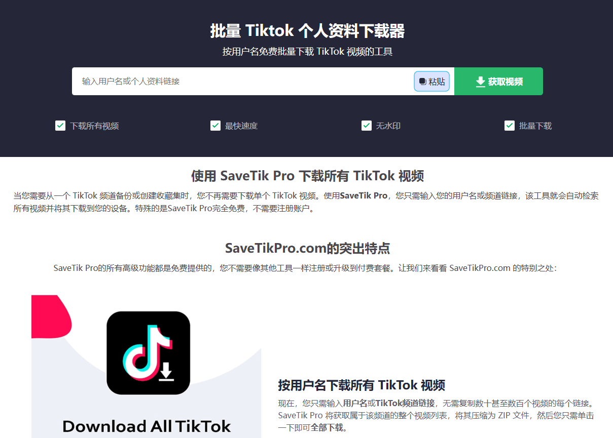 Tiktok下载站！免费且好用，支持单个或者是批量下载所有 TikTok 视频，免安装在线使用