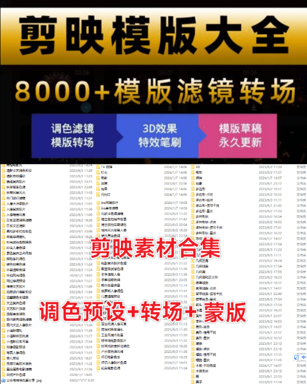 8000+剪映相关预设模板合集，2.7GB，含调色预设+转场+蒙版等，让你的视频瞬间升级！