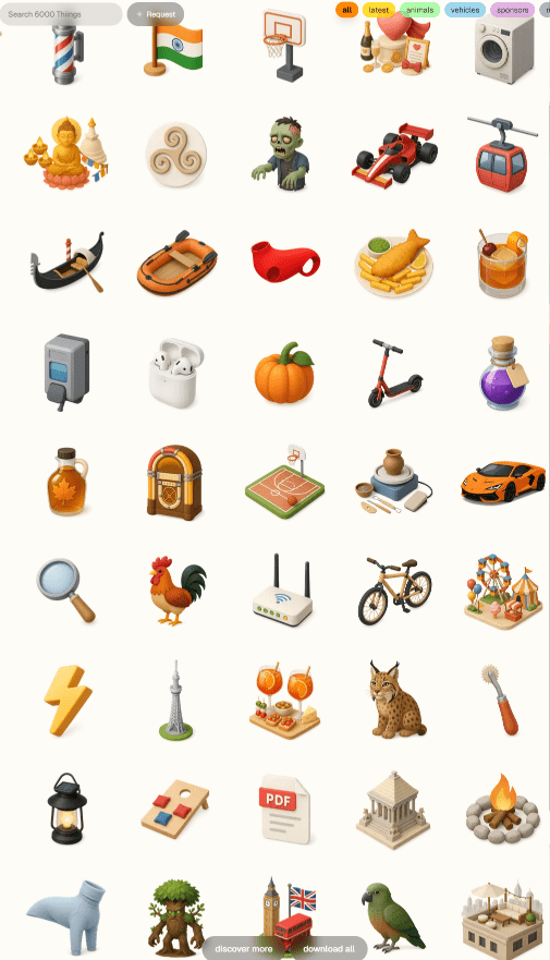 国外设计良心网站！一共收录超过1200+种3D PNG格式图案，完全免费可商用， The Thiings Collection