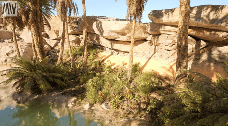 沙丘沙漠景观环境场景ue游戏素材，含棕榈树、岩石、碎石、植物、纹理等