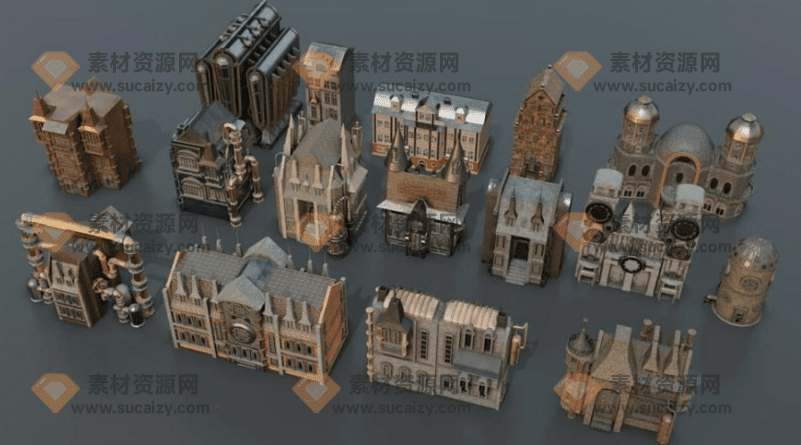 Blender蒸汽朋克风格概念建筑3D模型，含15 个建筑 Kitbash + 配件-爱资源