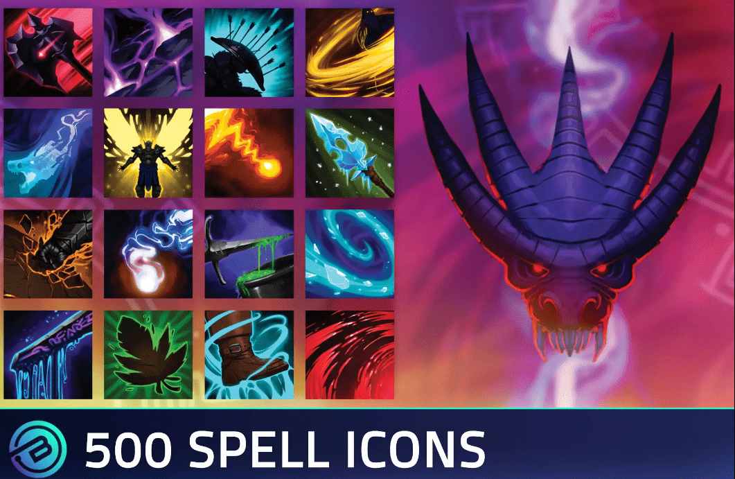 500个Rpg游戏角色魔法ui图标，unity游戏幻想法术图标徽章素材-爱资源