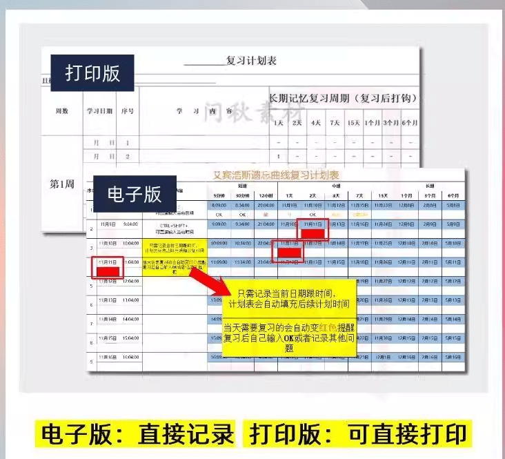 艾宾浩斯复习计划表合集，某宝购买素材，含教程+日周月计划表格